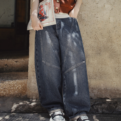 美式復古水洗拼接寬鬆闊腿顯瘦香蕉鐮彎刀工裝牛仔褲子女士秋