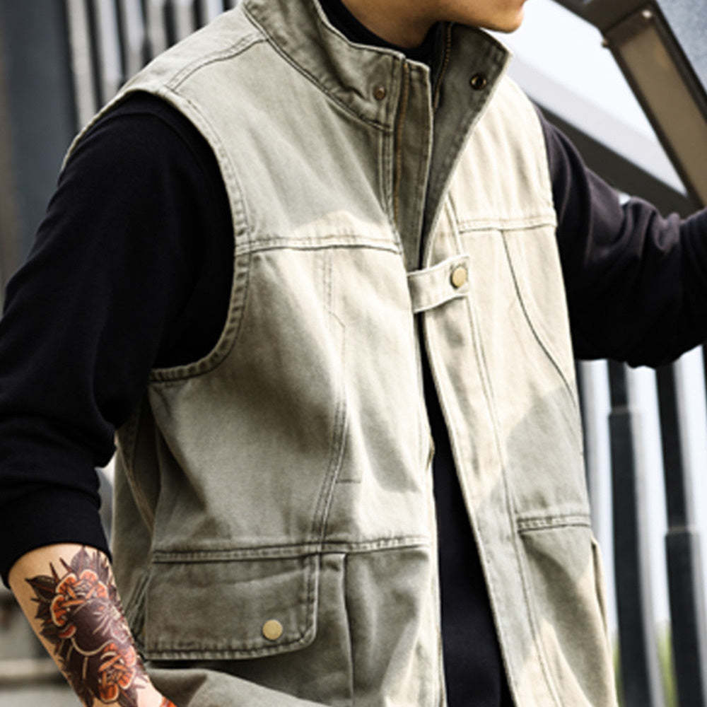 美式復古戰術大口袋馬甲男戶外寬鬆露營無坎肩運動釣魚服秋-Retro's Wear