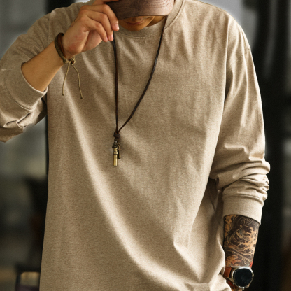 美式休閒260g燕麥灰圓領長袖T恤男秋季寬鬆基礎款打底衫