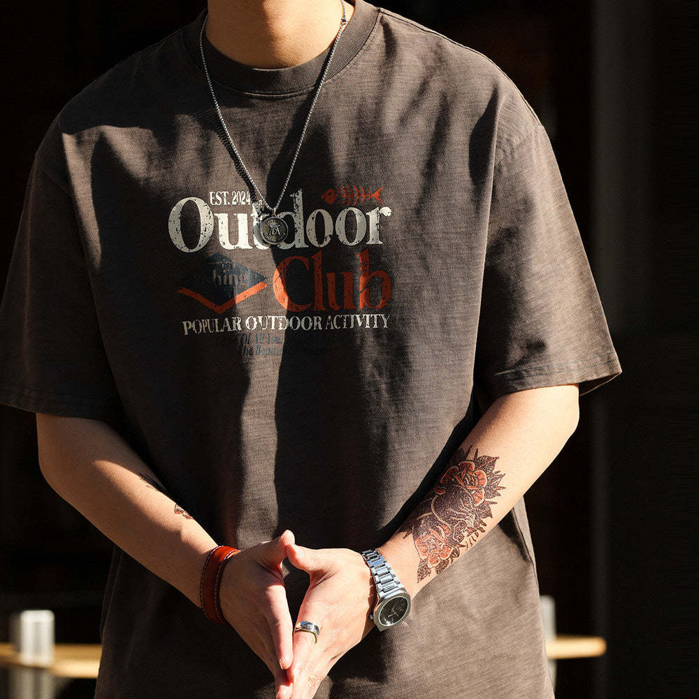 美式復古竹節棉圓領T恤男250g純棉圓領安可拉紅短袖TEE