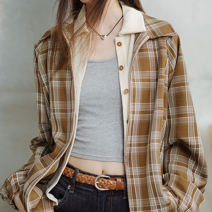 美式復古格紋夾克設計感撞色翻領外套休閒寬鬆百搭上衣春秋女-Retro's Wear