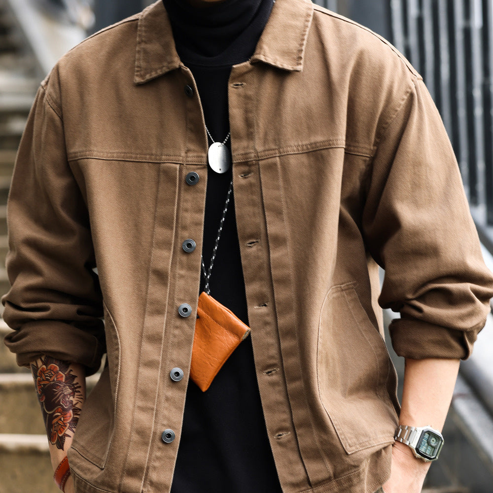 美式格雷系碳素磨毛復古夾克男士寬鬆休閒重磅翻領工裝外套-Retro's Wear