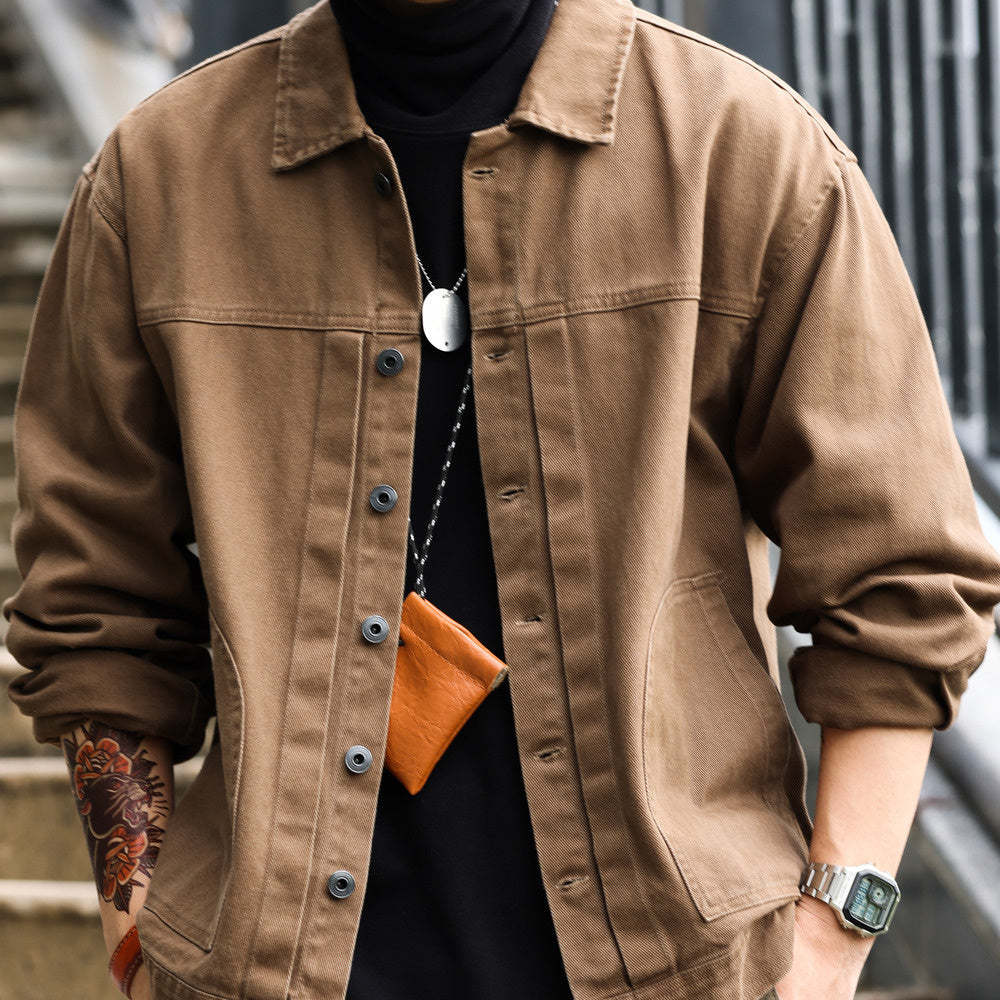 美式格雷系碳素磨毛復古夾克男士寬鬆休閒重磅翻領工裝外套-Retro's Wear