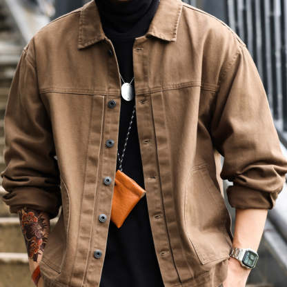 美式格雷系碳素磨毛復古夾克男士寬鬆休閒重磅翻領工裝外套-Retro's Wear
