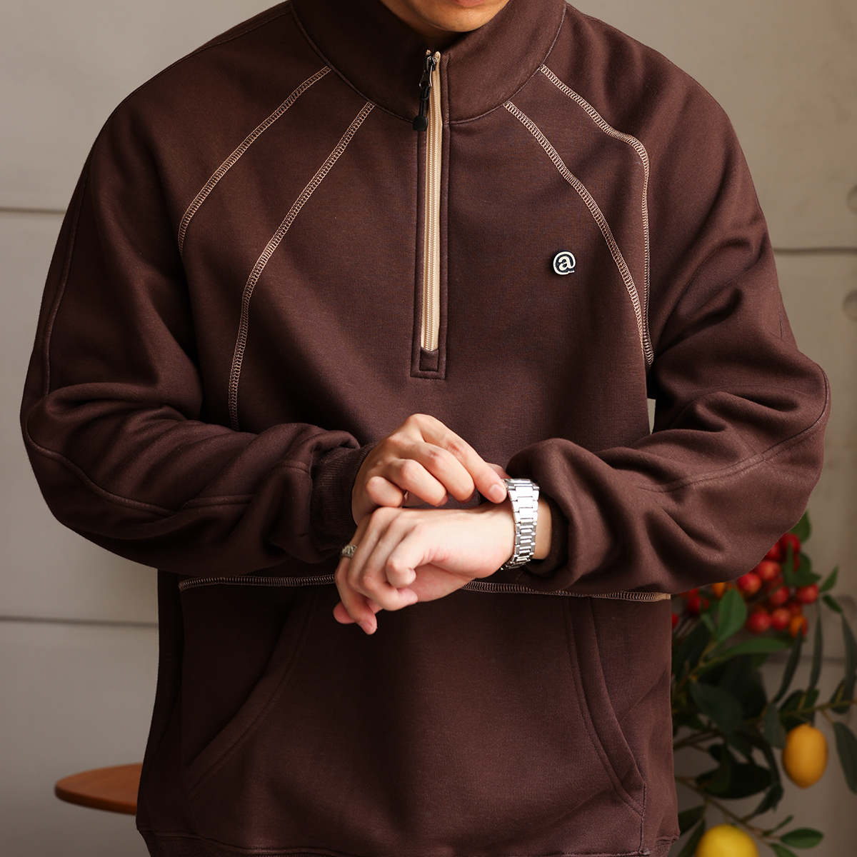 美式復古設計感加絨立領衛衣男撞色哈梭線半拉鍊上衣冬