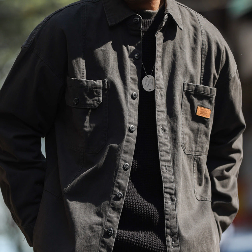 美式復古重磅工裝襯衫男拼介面袋疊穿戶外硬漢獵裝夾克外套-Retro's Wear