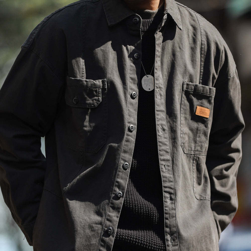 美式復古重磅工裝襯衫男拼介面袋疊穿戶外硬漢獵裝夾克外套-Retro's Wear