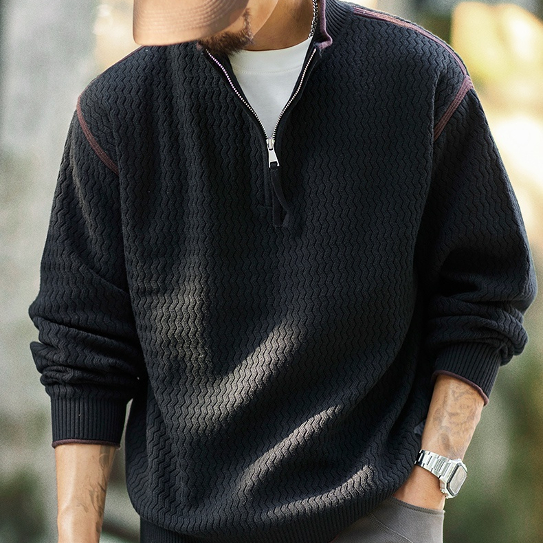 波浪肌理感立領半拉鍊毛衣男2025秋冬新款寬鬆休閒拼色針織衫上衣
