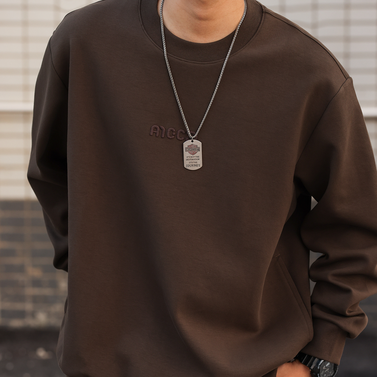 美式休閒無帽圓領字母刺繡衛衣男寬鬆380g打底長袖上衣