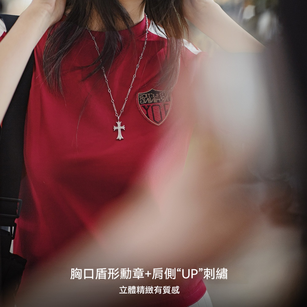 勃艮第紅美式復古運動短袖球衣休閒通勤修身足球寶貝上衣夏女