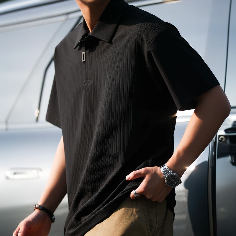 美式休閒凉感速幹POLO衫男寬鬆抗皺豎紋肌理翻領短袖T恤