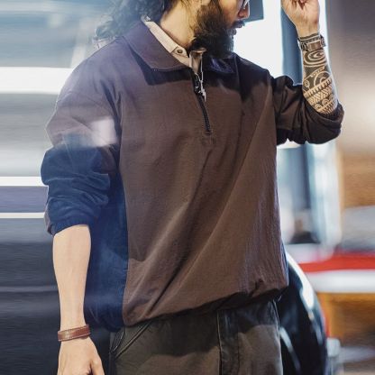 美式復古拼接半拉鍊夾克翻領撞色戶外燈芯絨褶皺衛衣男春