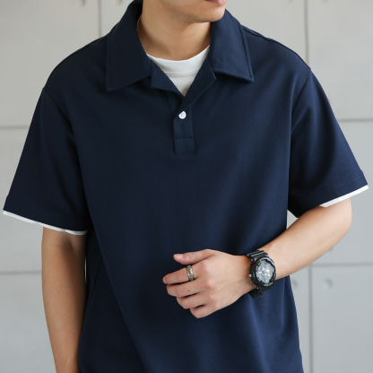 美式珠地假兩件古巴領POLO衫男通勤休閒薄款翻領短袖T恤