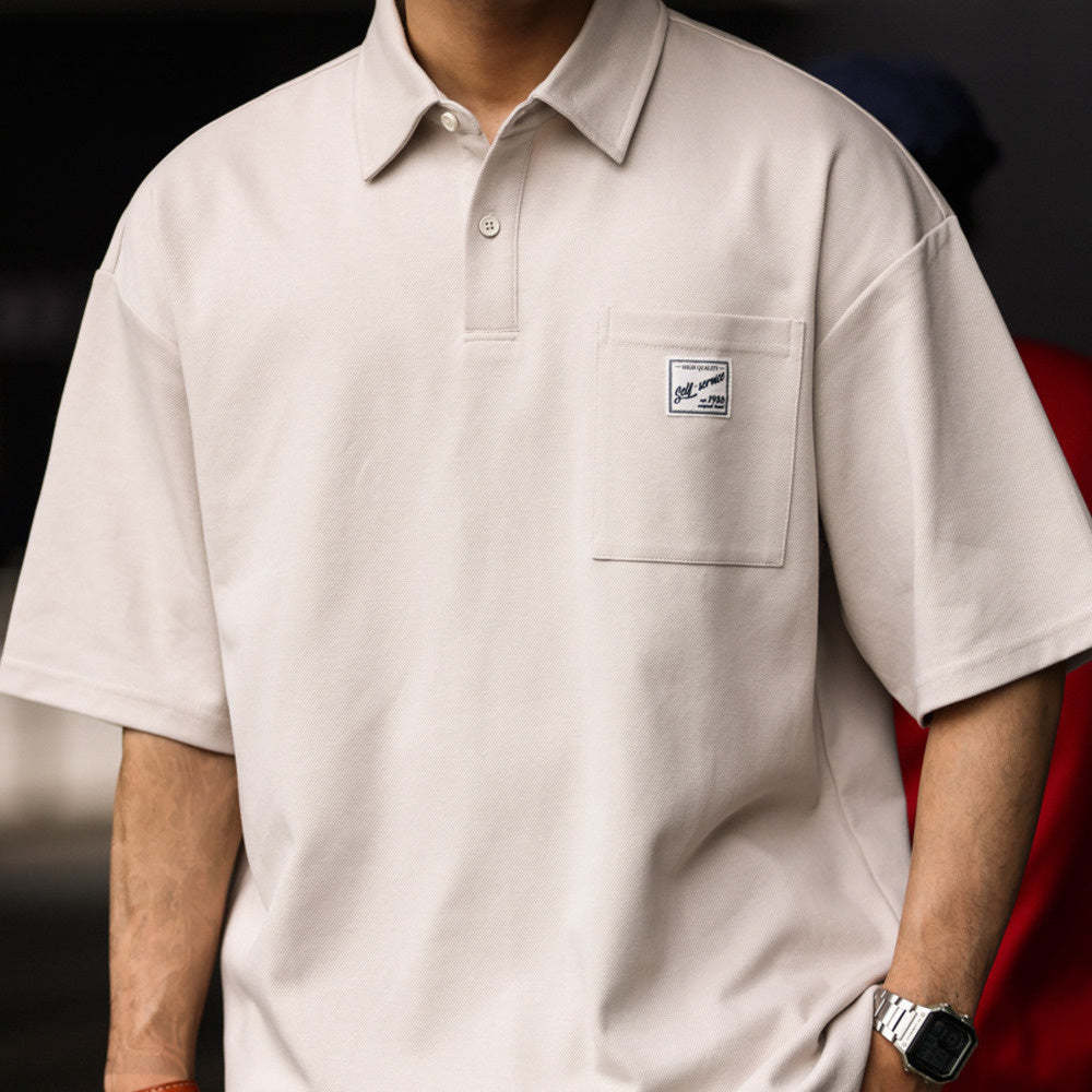 日系痞帥短袖POLO衫男士口袋貼標翻領美式復古重磅保羅T恤夏-Retro's Wear