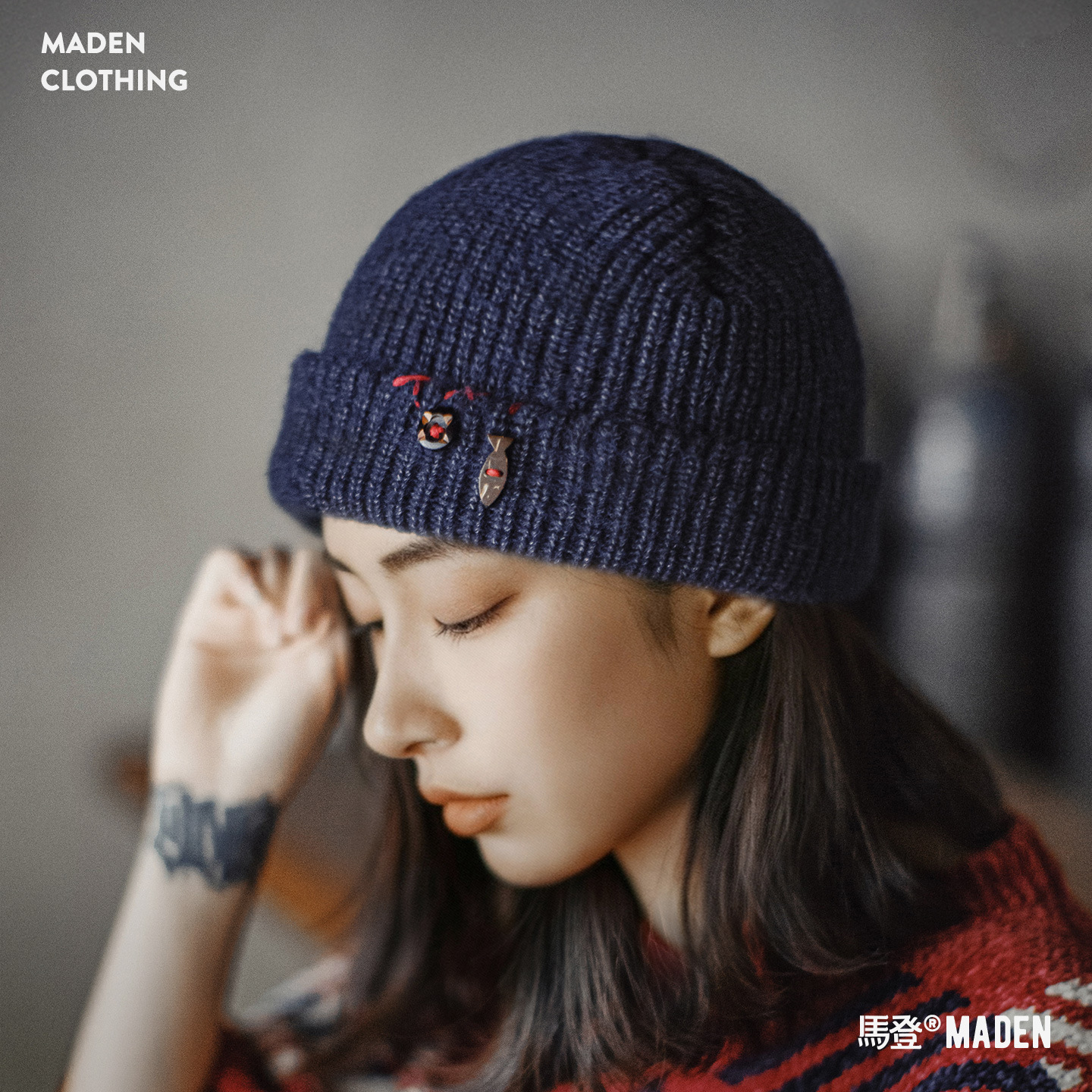 藏青色復古針織保暖加厚毛線冷帽子大頭圍防寒護耳瓜皮帽女冬