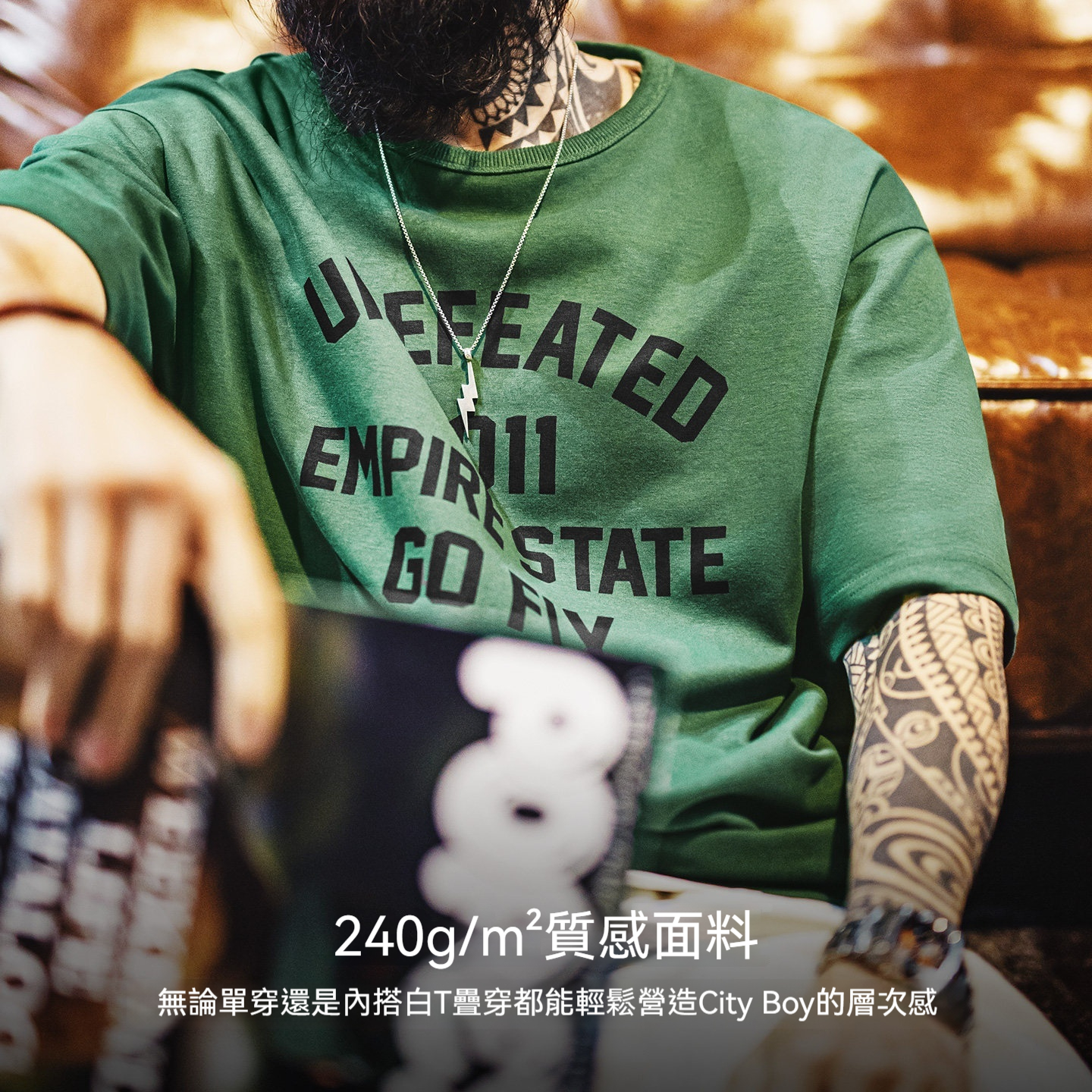 美式章仔印花T恤綠色小眾圓領正肩設計感短袖上衣男款夏