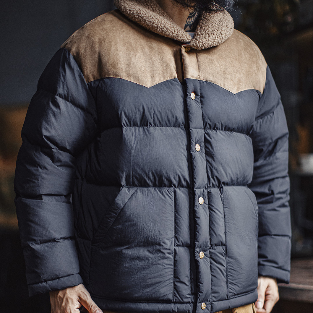 美式復古撞色絨領90白鴨絨羽絨服翻領保暖夾克外套男秋冬