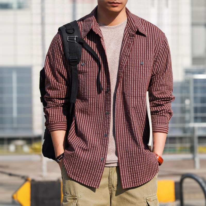 美式復古120g純棉豎條紋襯衫男寬鬆泡泡紗咖色襯衣外套