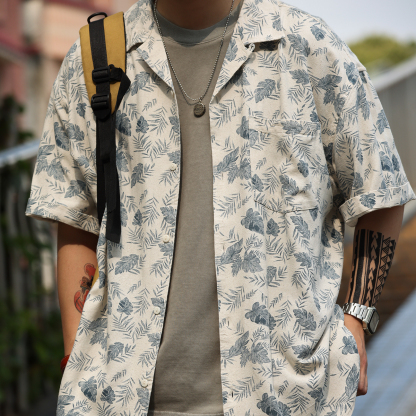 美式休閒古巴領亞麻短袖襯衫男夏季復古度假風半袖襯衣