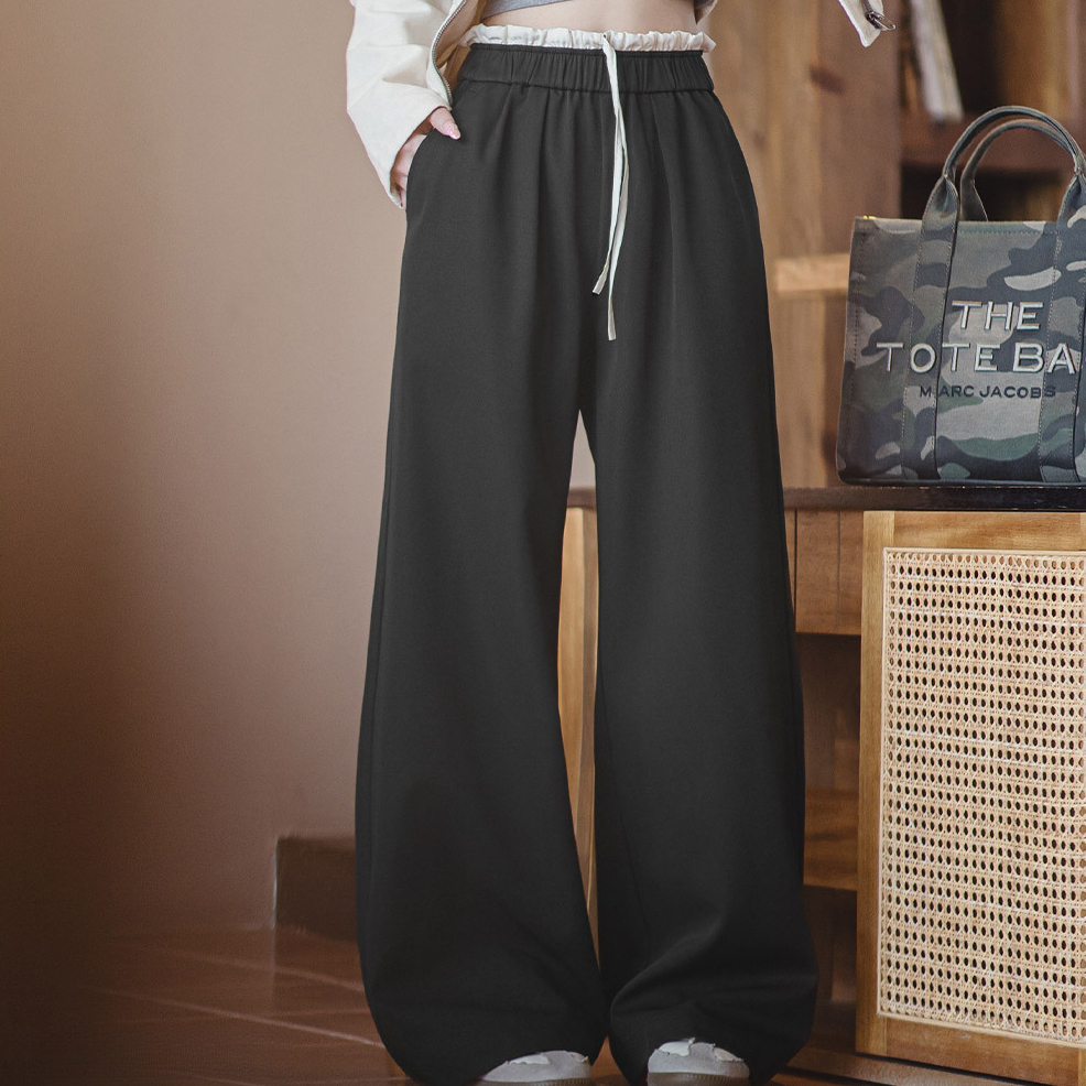 黑色寬鬆緊腰頭拼接休閒褲花邊直筒闊腿垂感西褲小個子女士夏