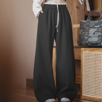 黑色寬鬆緊腰頭拼接休閒褲花邊直筒闊腿垂感西褲小個子女士夏