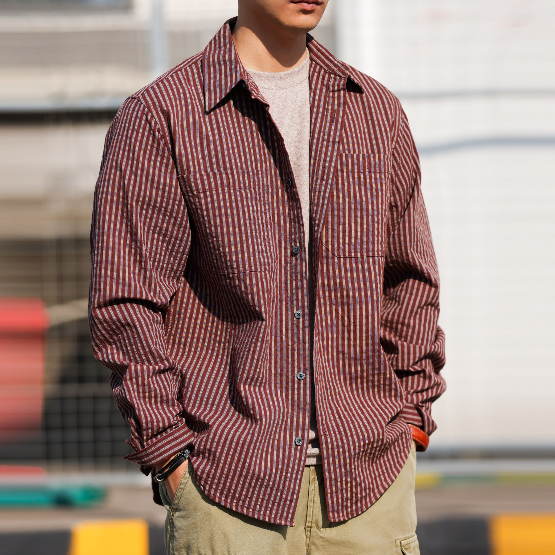 美式復古120g純棉豎條紋襯衫男寬鬆泡泡紗咖色襯衣外套