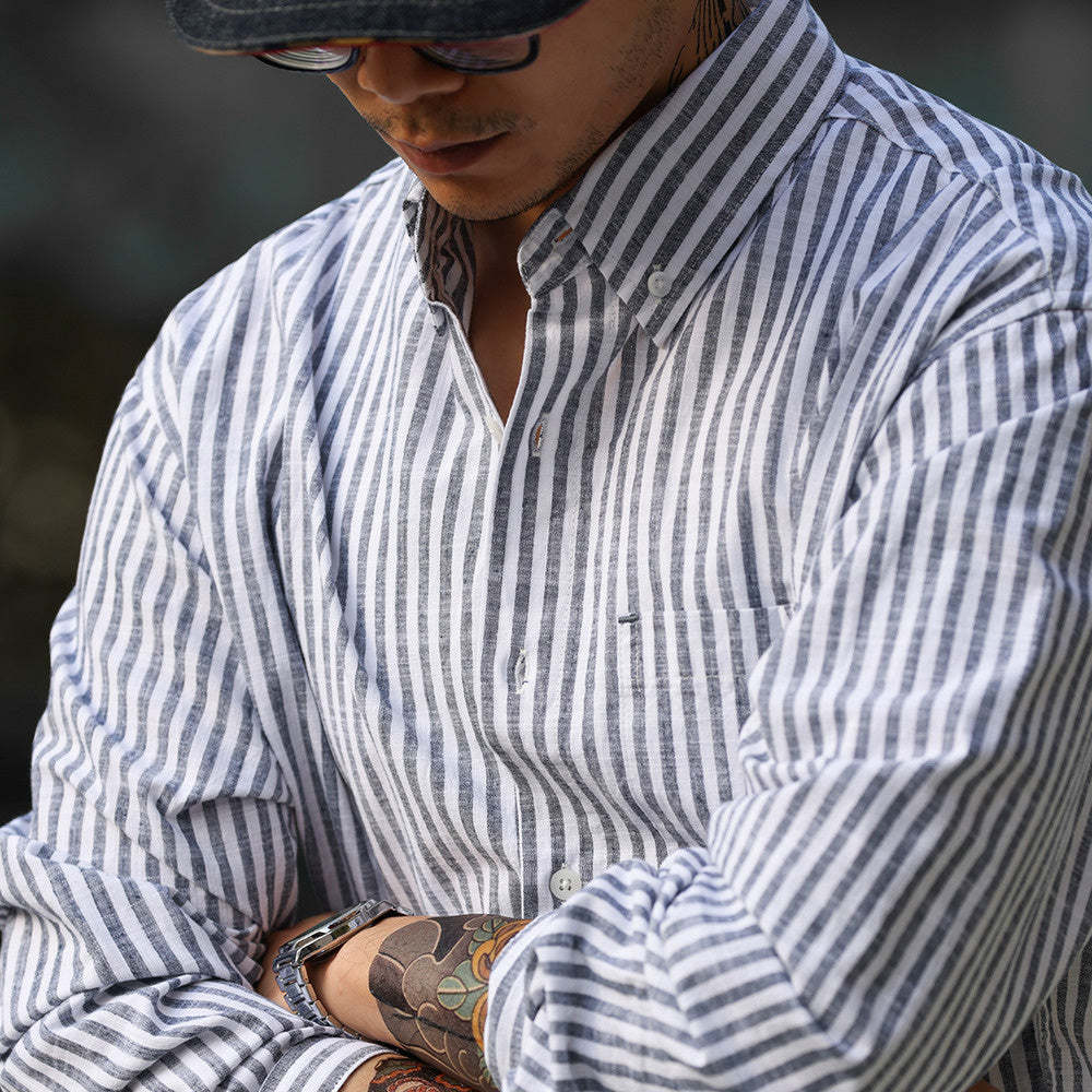 日系廊型長袖豎條紋襯衫160g輕量感疊穿慵懶風復古襯衣