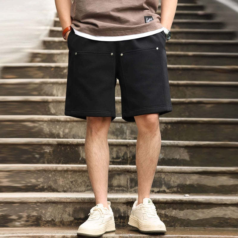 美式休閒320g重磅短褲男鉚釘設計直筒復古運動五分衛褲