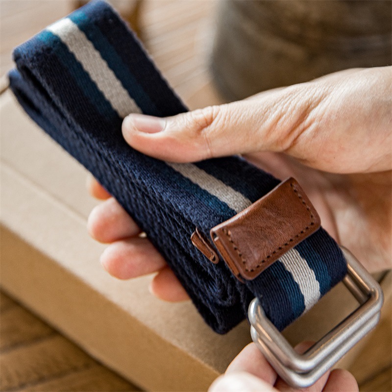 復古雙環扣條紋腰帶學院風免打孔鬆緊編織帆布配飾褲帶男-Retro's Wear