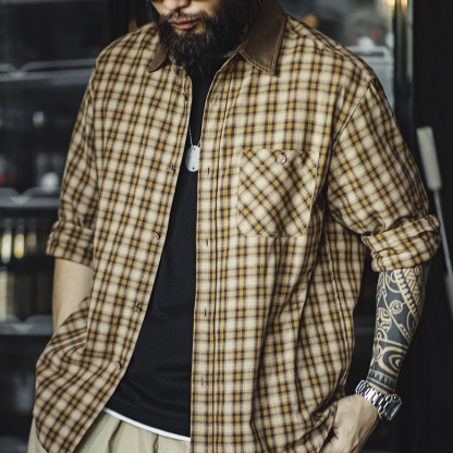 美式復古蘇格蘭格紋長袖襯衫燈芯絨拼接翻領格子襯衣男秋-Retro's Wear