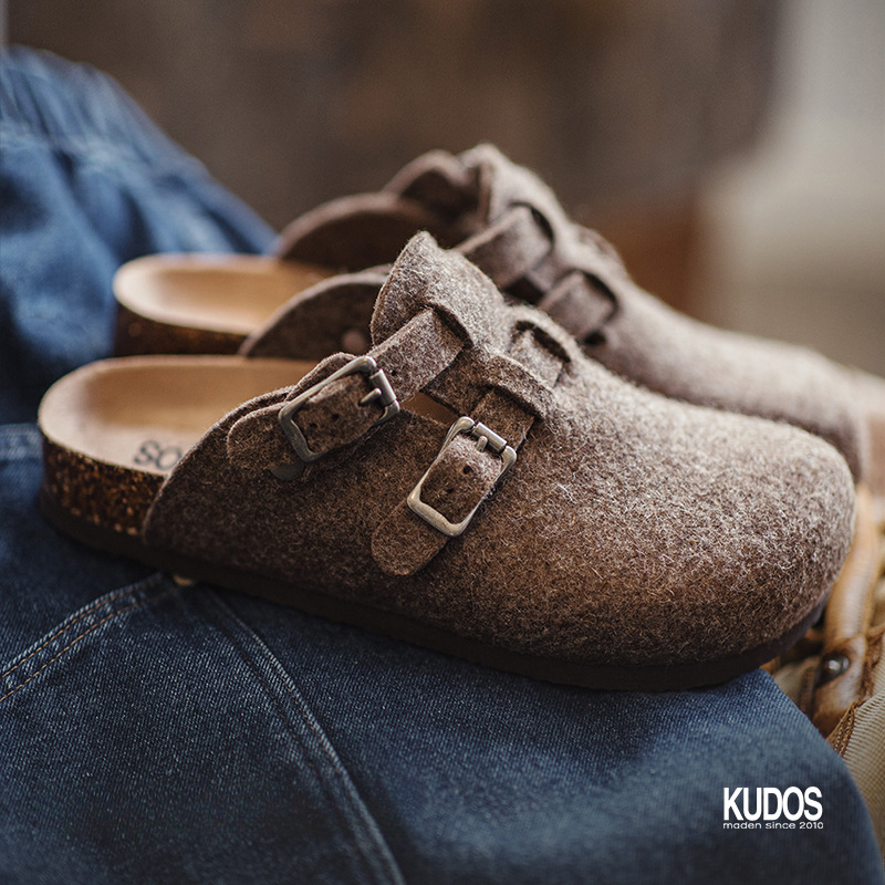 马登工装 羊毛毡穆勒鞋秋冬加厚新款男休闲一脚蹬外穿软木底包头半拖鞋-Retro's Wear