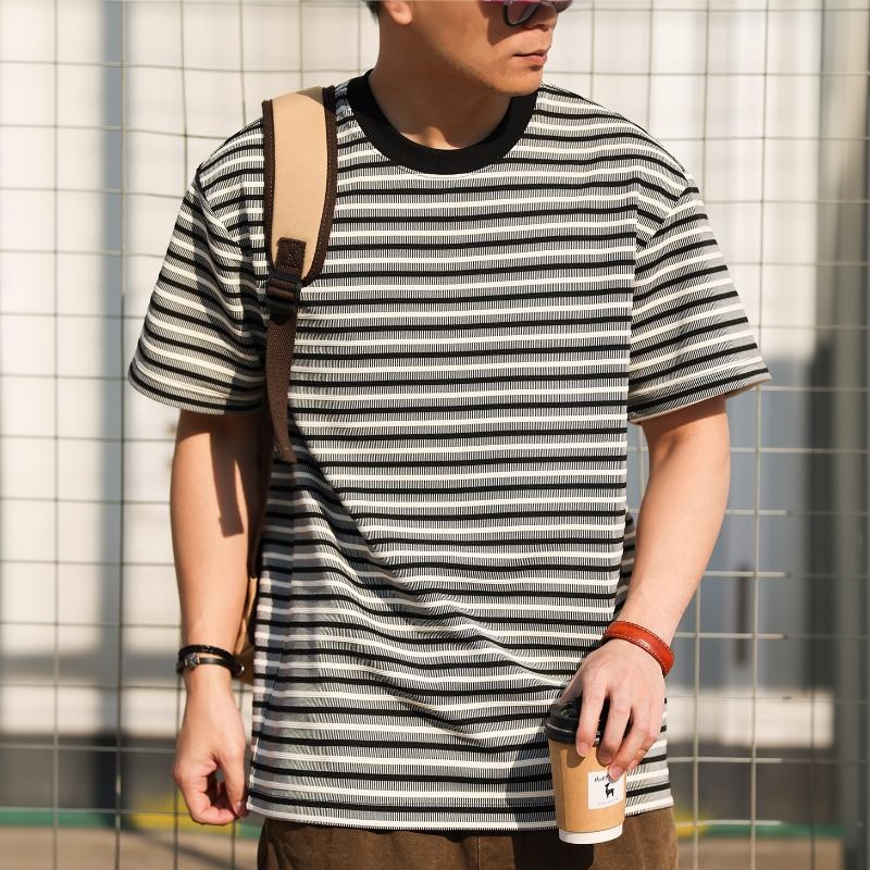 立體坦克條紋肌理短袖T恤男美式休閒260g復古圓領打底衫