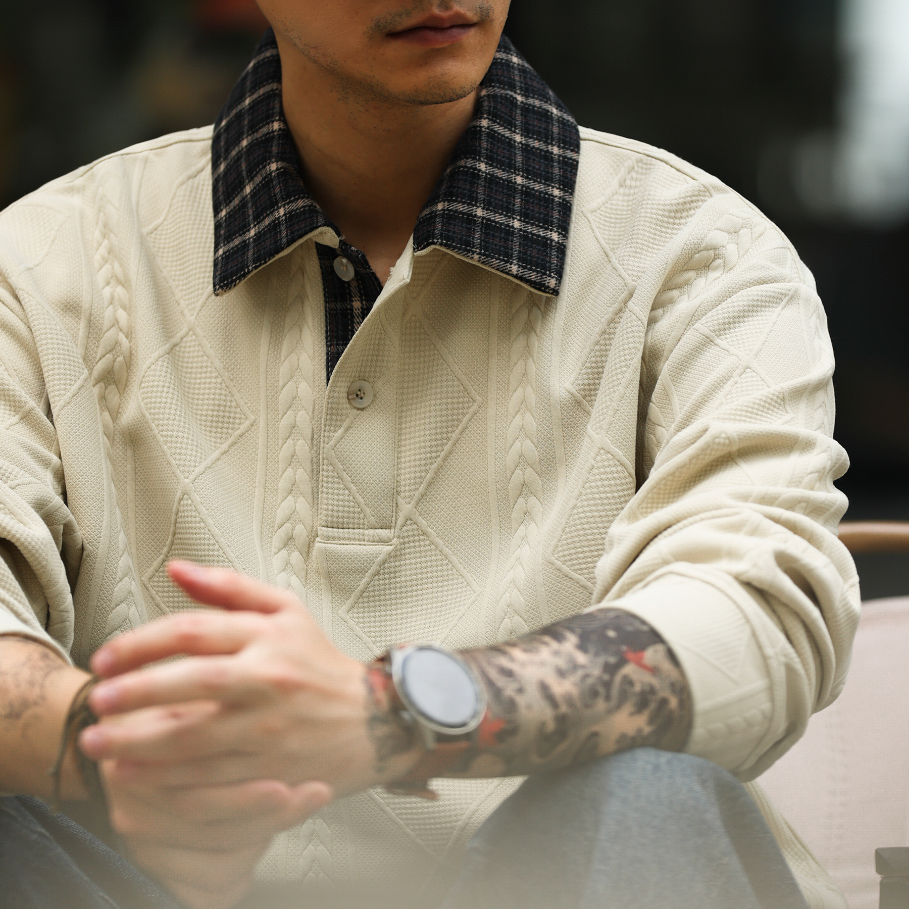 美式休閒針織提花肌理感衛衣男撞色格子翻領長袖POLO衫