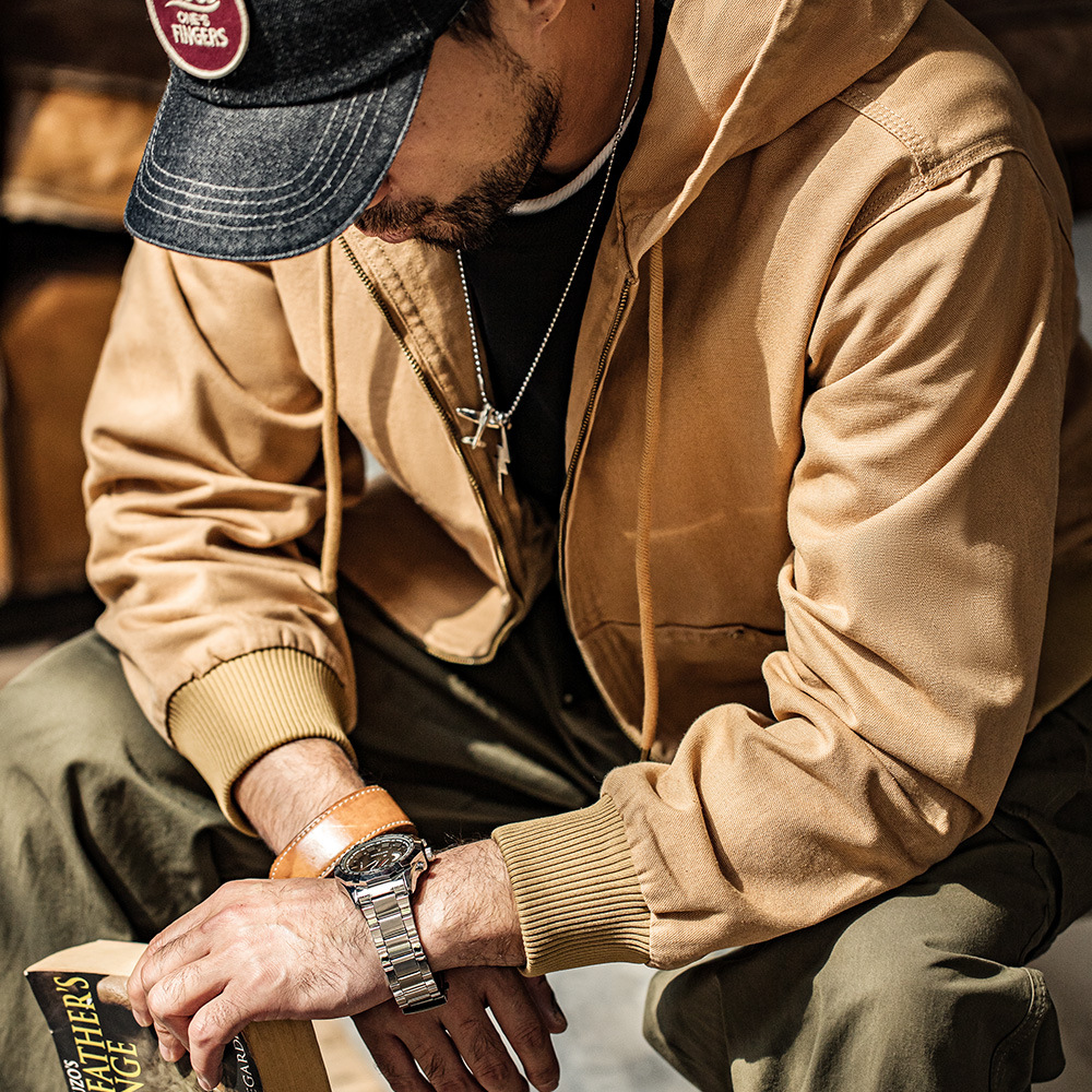 美式復古連帽夾克重磅帆布阿美咔嘰j130短款外套男秋-Retro's Wear