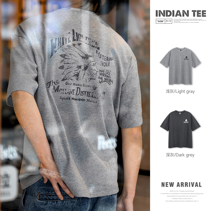 MRA美式復古印第安印花t恤寬鬆半袖圓領重磅短袖男士夏季
