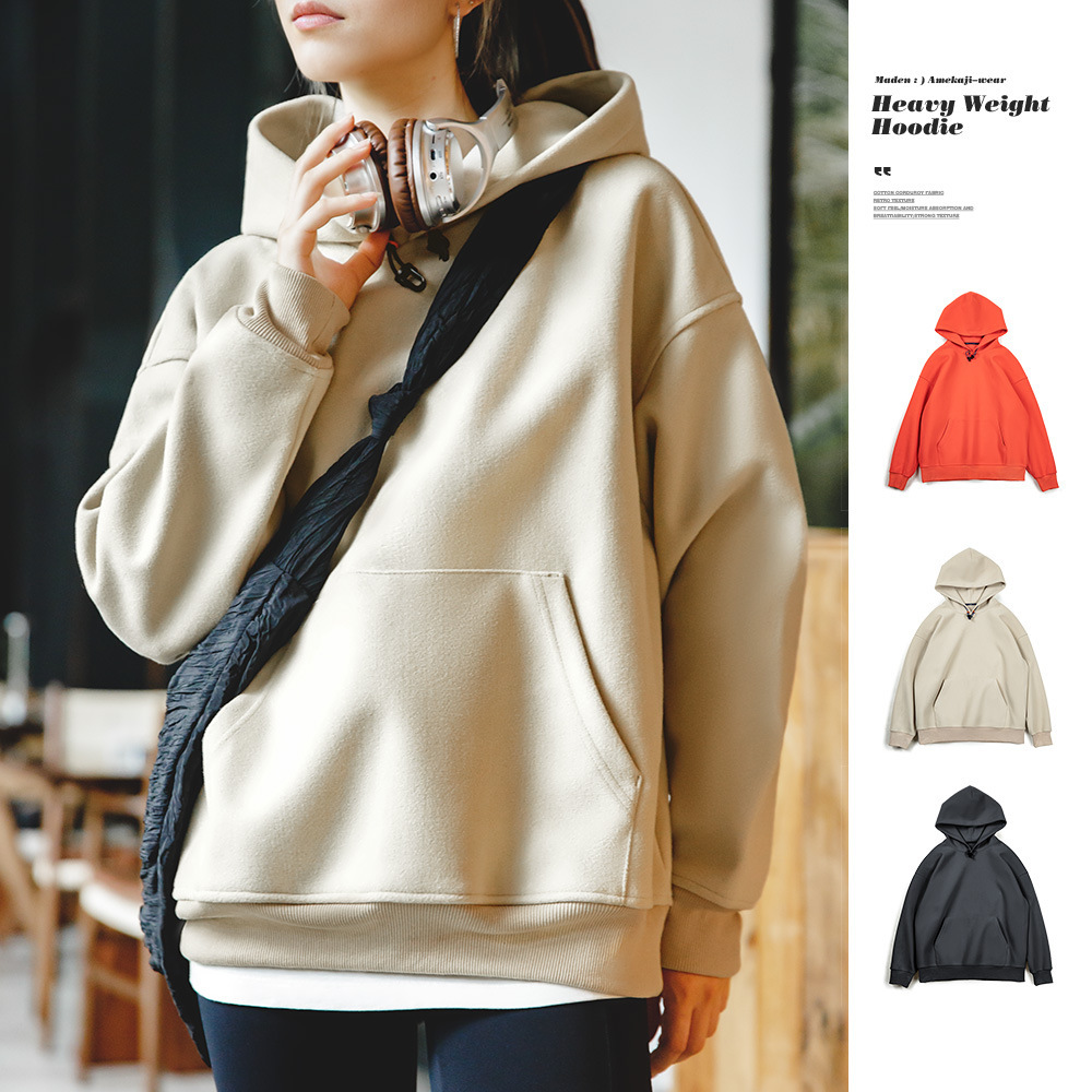 美式休閒重磅毛呢連帽衛衣cleanfit廓形寬鬆套頭衫男秋冬-Retro's Wear