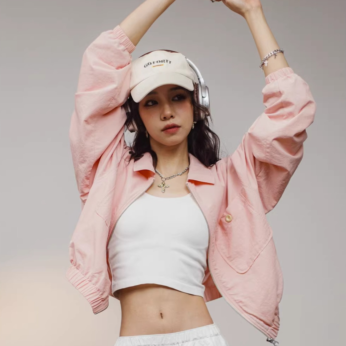 美式vintage棒球領夾克短款設計感粉色棒球服外套機車上衣女