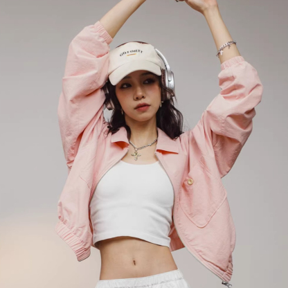 美式vintage棒球領夾克短款設計感粉色棒球服外套機車上衣女