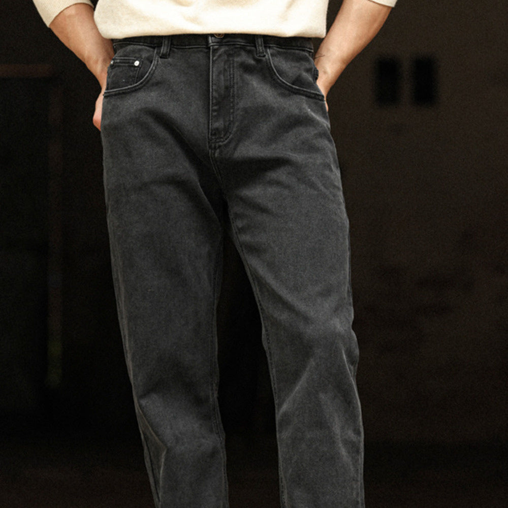美式復古黑色牛仔褲男洗水做舊中腰窄版闊腿直筒長褲子-Retro's Wear