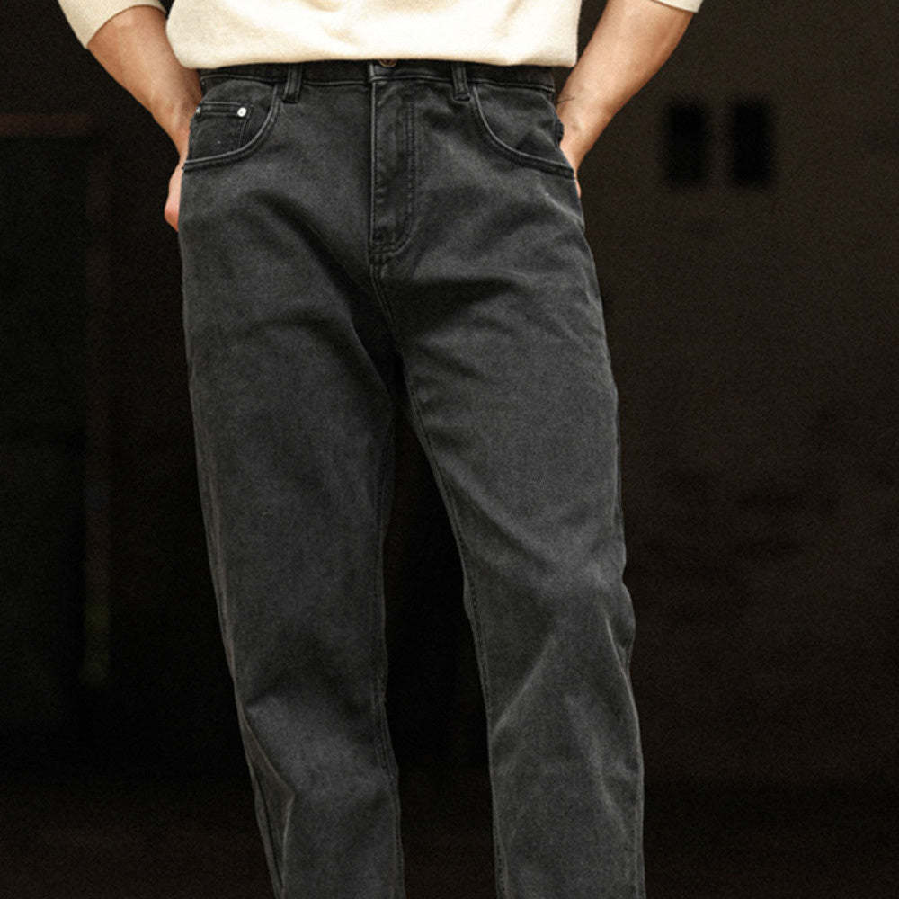 美式復古黑色牛仔褲男洗水做舊中腰窄版闊腿直筒長褲子-Retro's Wear