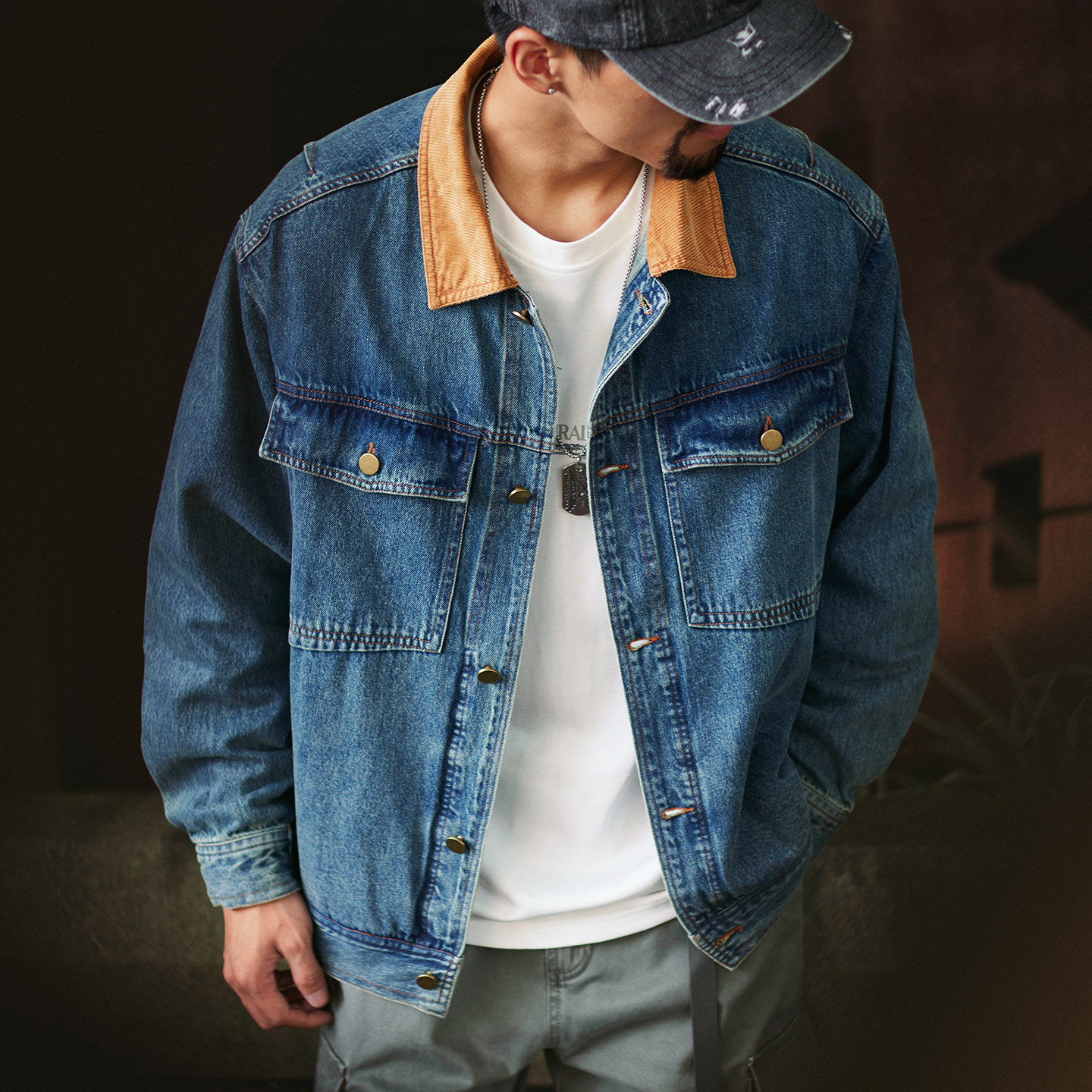 復古撞色燈芯絨翻領牛仔夾克男2025秋季新款寬鬆工裝休閒外套