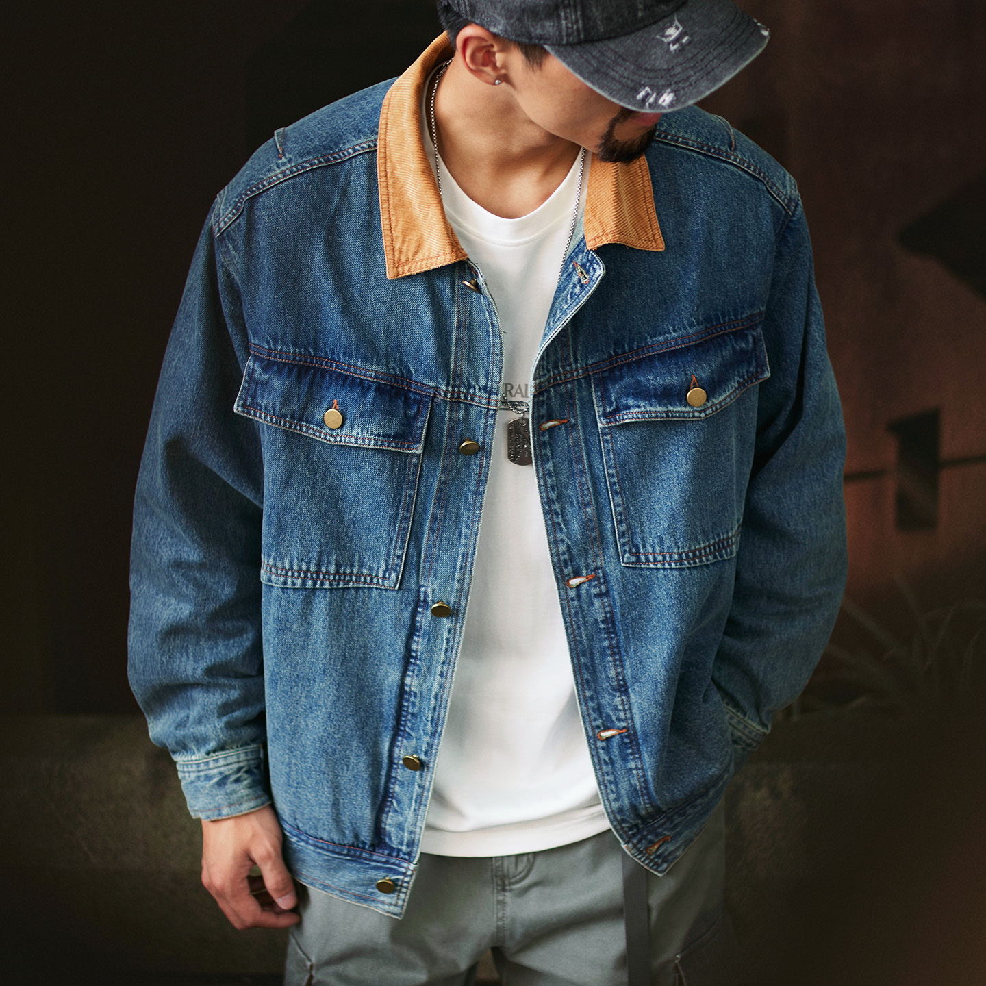 復古撞色燈芯絨翻領牛仔夾克男2025秋季新款寬鬆工裝休閒外套