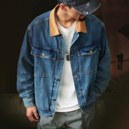 復古撞色燈芯絨翻領牛仔夾克男2025秋季新款寬鬆工裝休閒外套