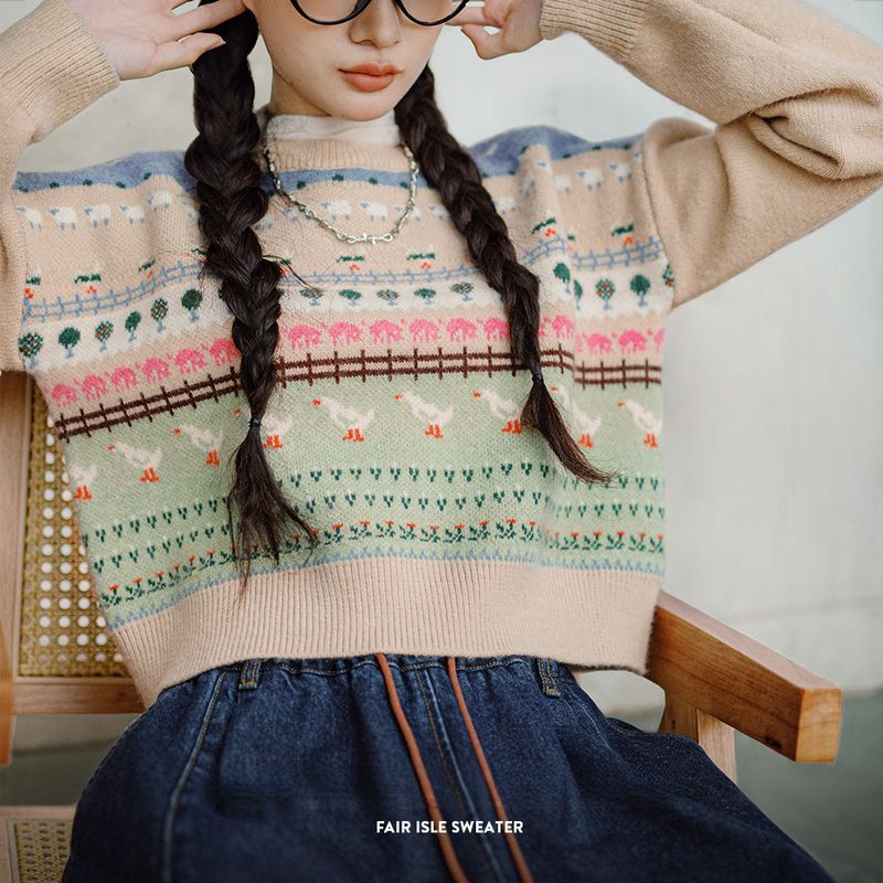 復古費爾島小動物提花毛衣慵懶風套頭圓領內搭針織衫秋季女-Retro's Wear