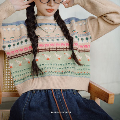 復古費爾島小動物提花毛衣慵懶風套頭圓領內搭針織衫秋季女-Retro's Wear