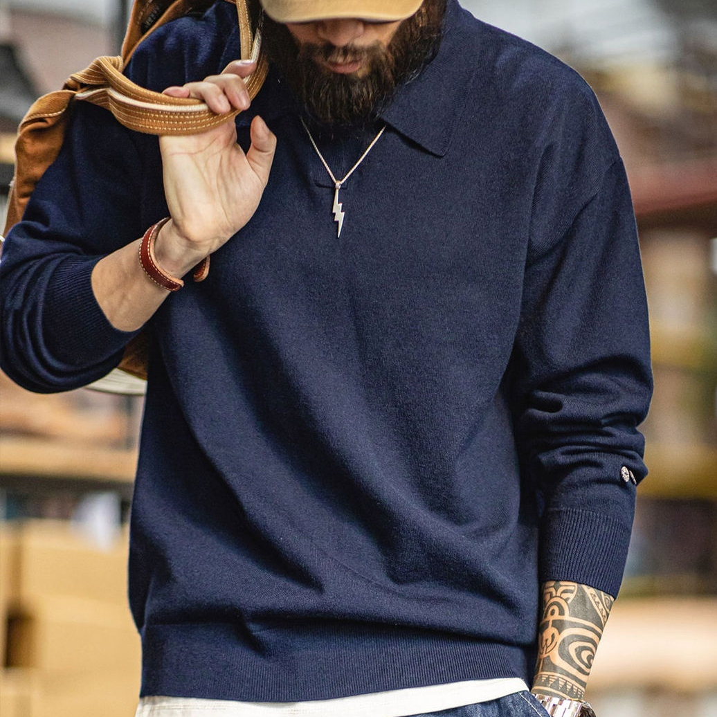 美式休閒海鷗polo領衛衣老錢風灰色針織長袖polo衫男秋季