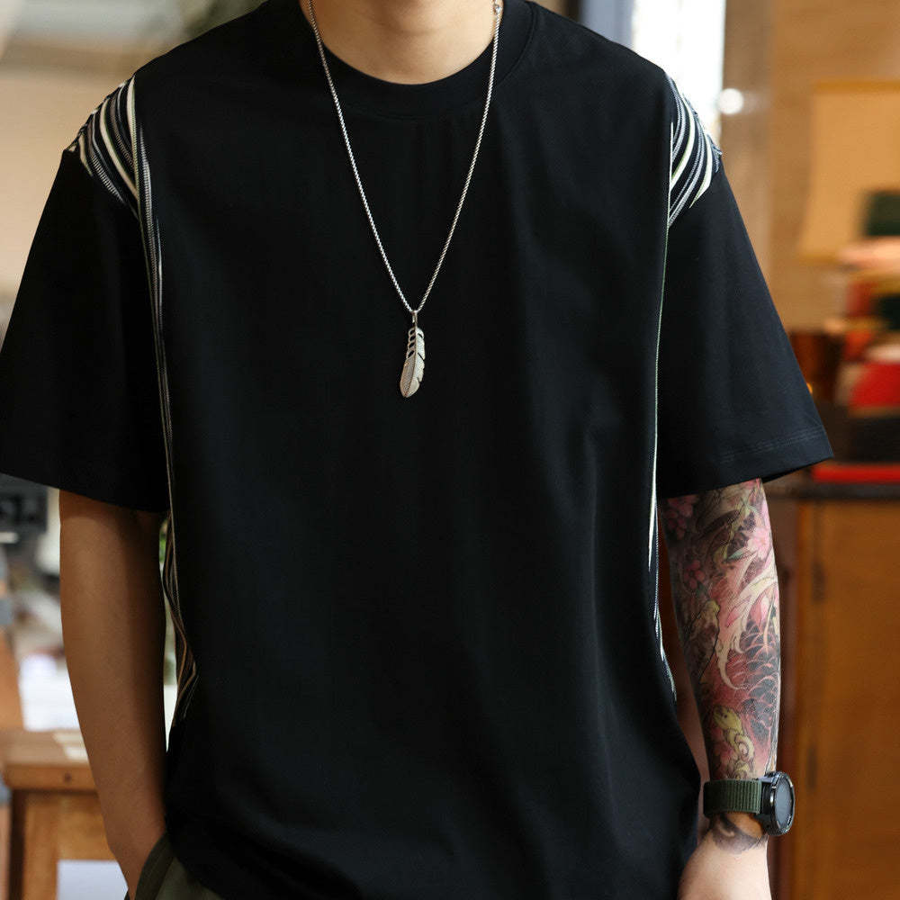 美式休閒提花條紋拼接短袖T恤男寬鬆200g凉感圓領打底衫