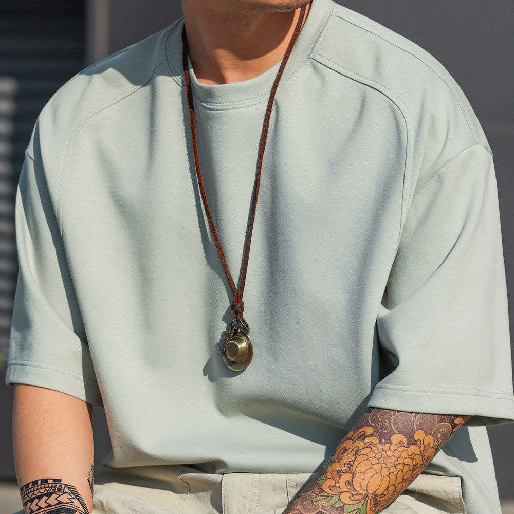 美式休閒230g太空棉短袖T恤男運動拼接開衩薄荷綠色TEE