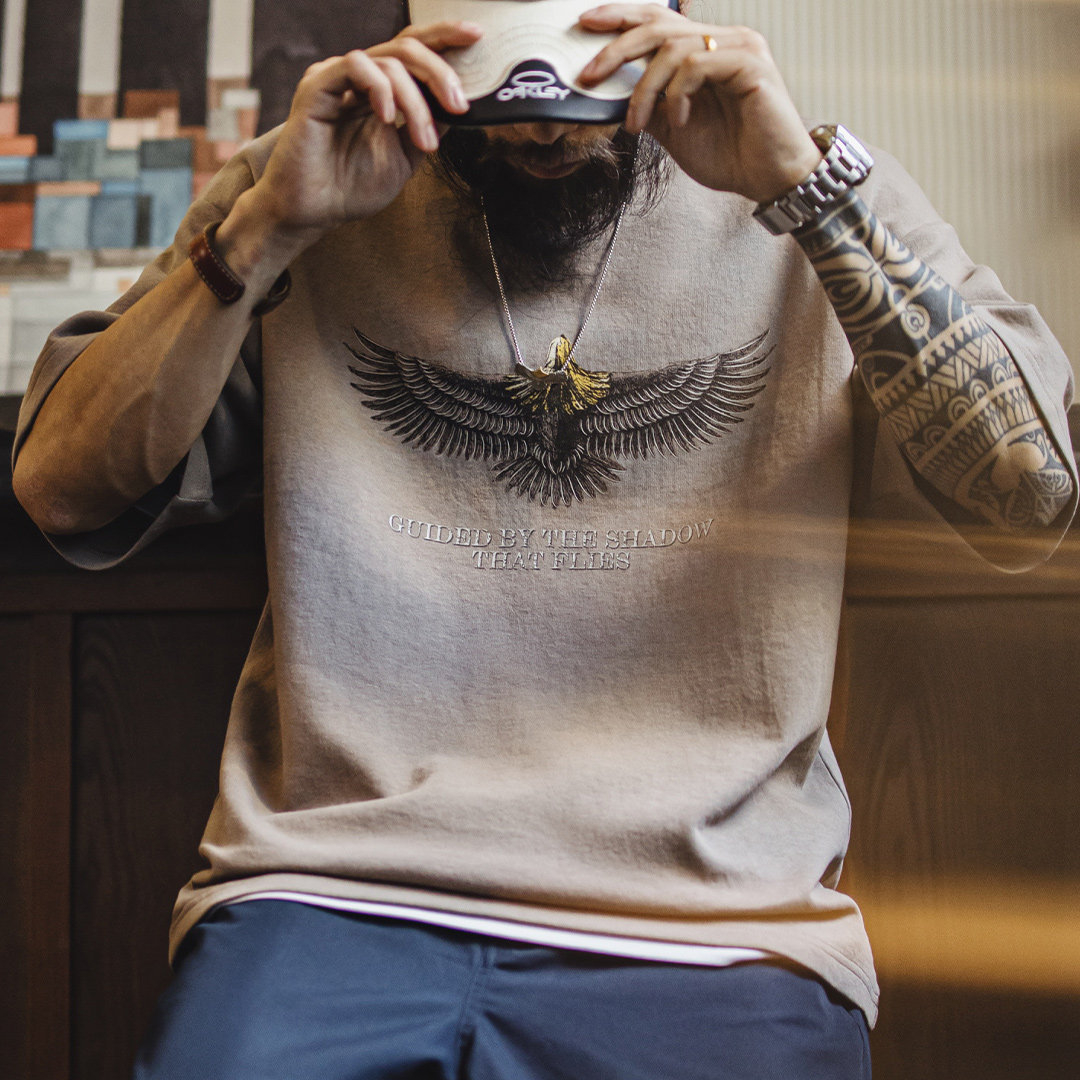 美式復古設計感獵鷹印花短袖圓領純棉t恤痞帥少年感男夏