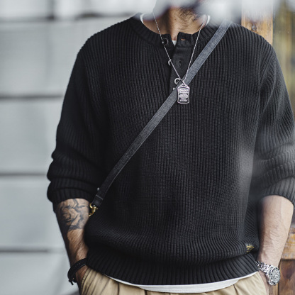 美式復古針織亨利衫阿美咔嘰豎條紋套頭毛衣男秋冬-Retro's Wear
